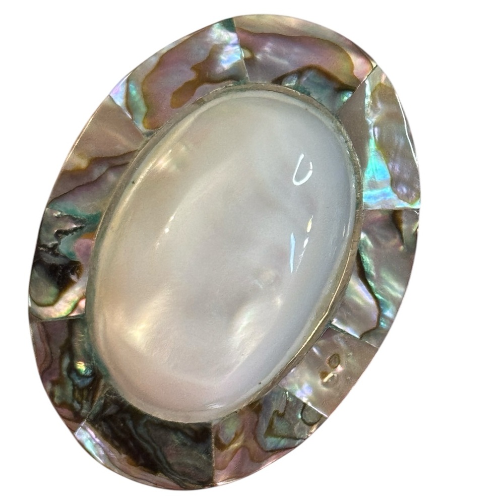Vintage Oval Mexico Alpaca MOP Abalone Large Shell Brooch